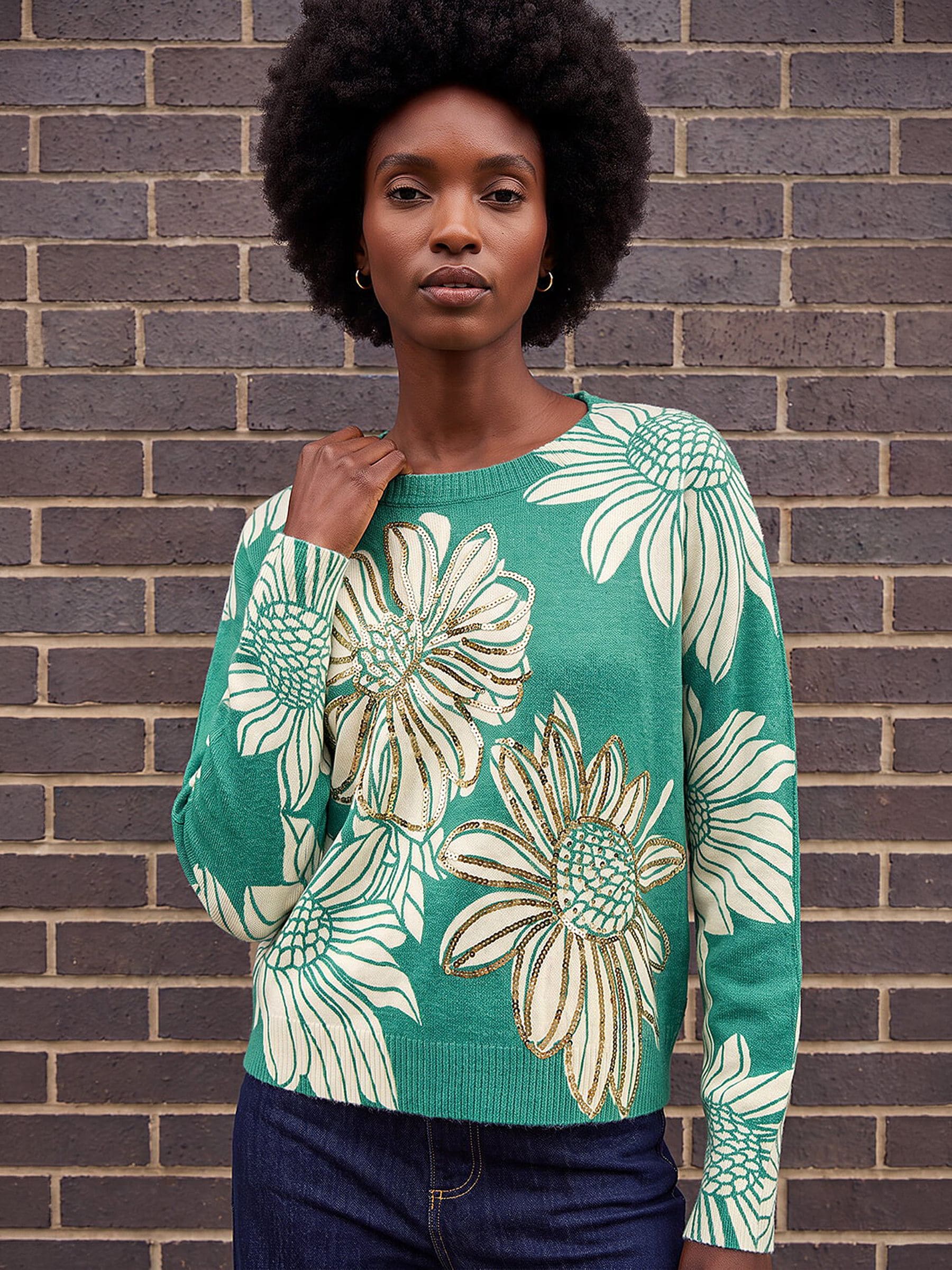 Roman Women's Floral Crew Neck Knit Jumper in Green | Size: 20 - Image 2