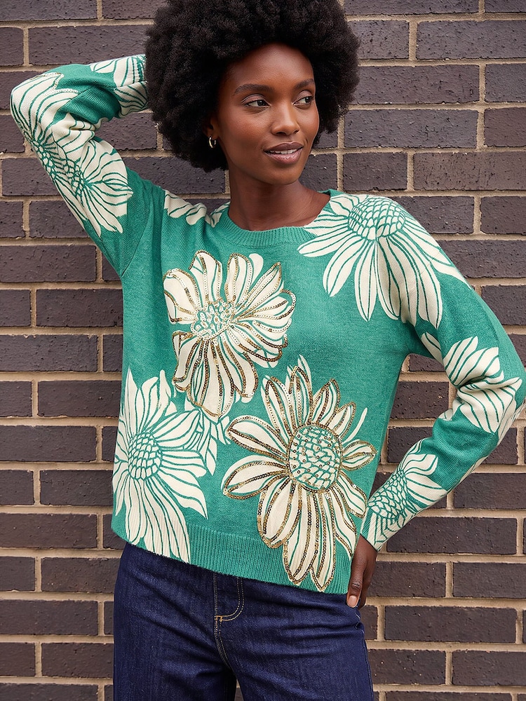 Roman Green Floral Crew Neck Knit Jumper - Image 2 of 4