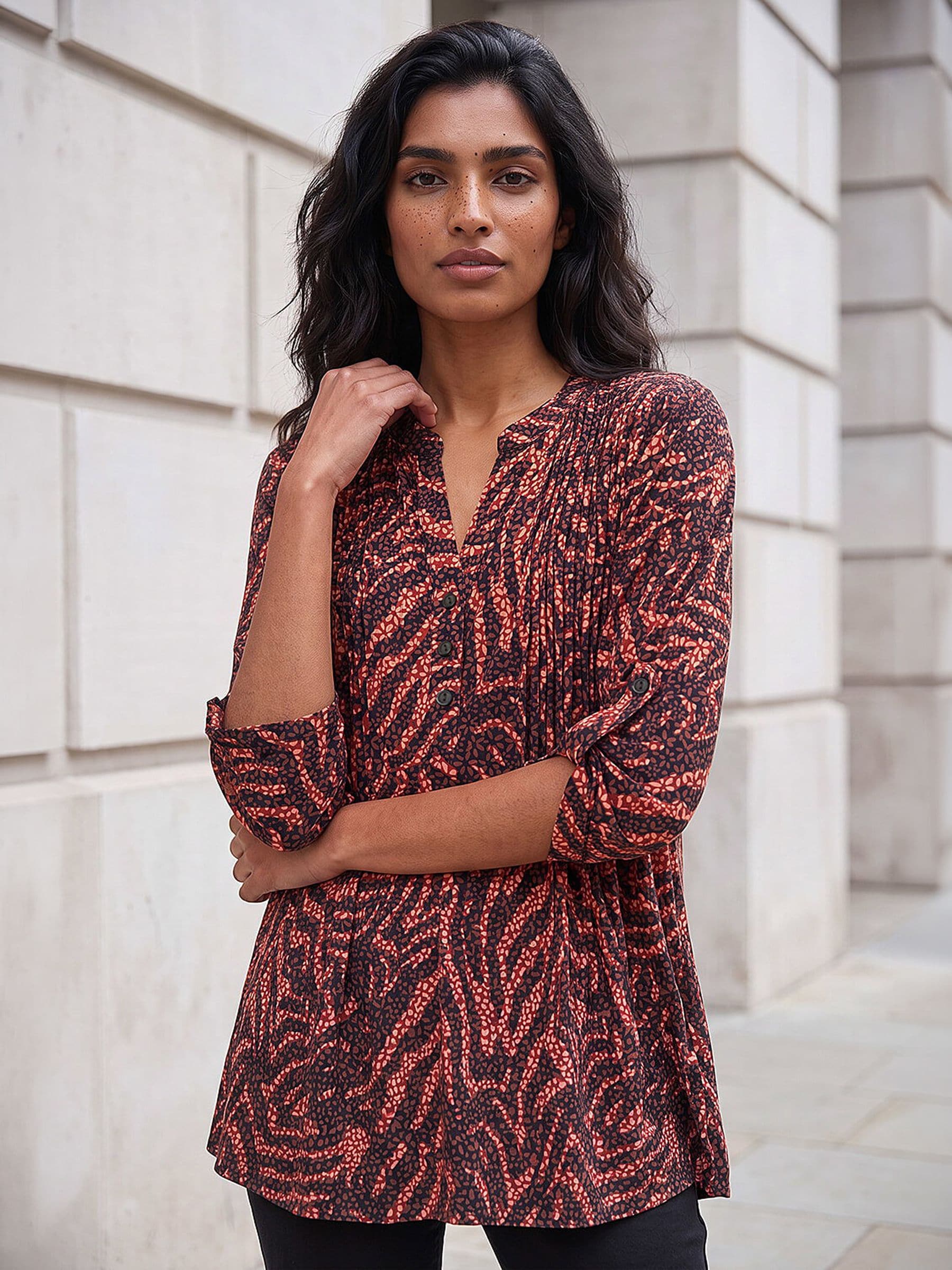 Roman Women's Orange Animal Print Pintuck Stretch Shirt In | Size: 20 - Image 4