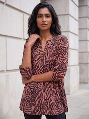 Roman Brown Animal Print Pintuck Stretch Shirt - Image 1 of 4