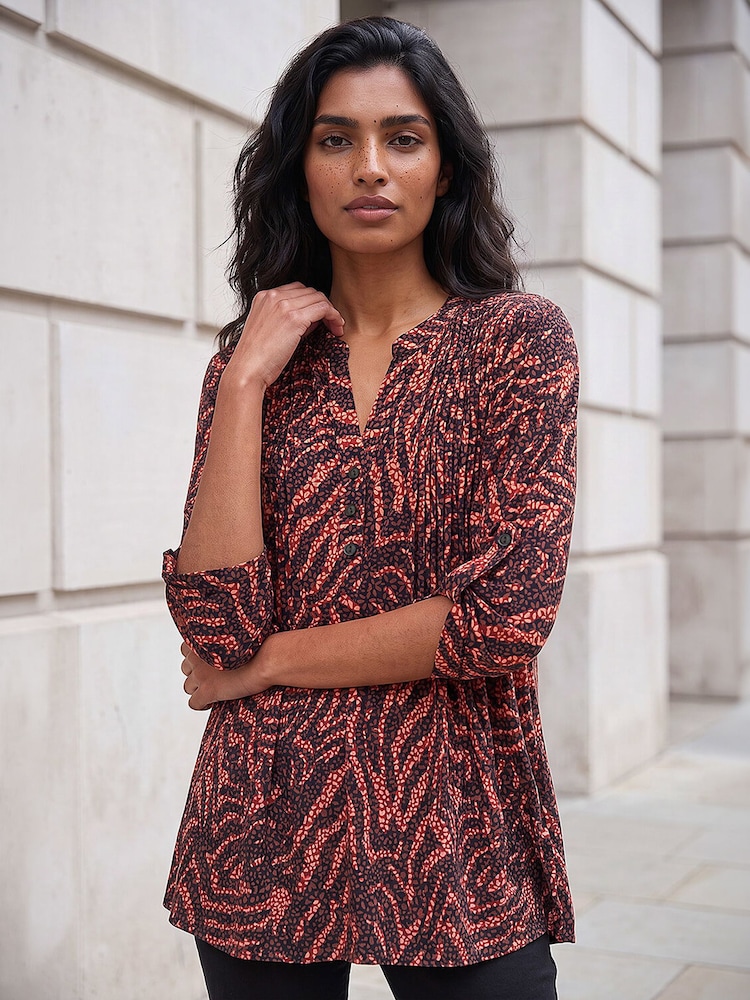 Roman Brown Animal Print Pintuck Stretch Shirt - Image 1 of 4 Roman Brown Animal Print Pintuck Stretch Shirt - Image 1 of 4