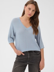 Kaffe Blue Abalina V-Neck Ribbed Jumper - Image 1 of 7
