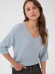 Kaffe Blue Abalina V-Neck Ribbed Jumper - Image 4 of 7