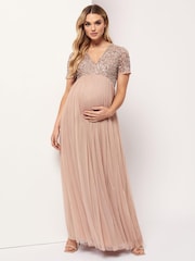 Maya Pink Maternity Delicate Sequin Cap Sleeve Maxi Dress - Image 1 of 7