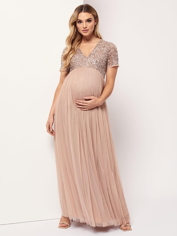 Maya Pink Maternity Delicate Sequin Cap Sleeve Maxi Dress - Image 1 of 7