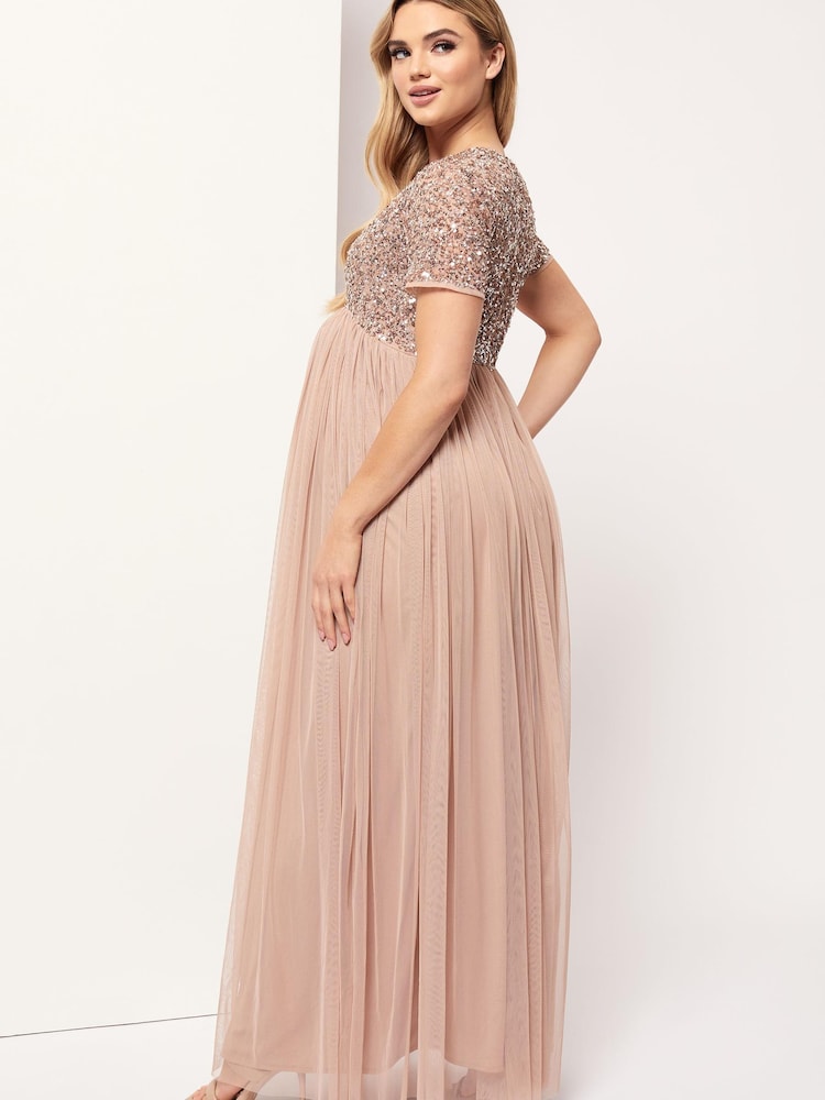Maya Pink Maternity Delicate Sequin Cap Sleeve Maxi Dress - Image 2 of 7