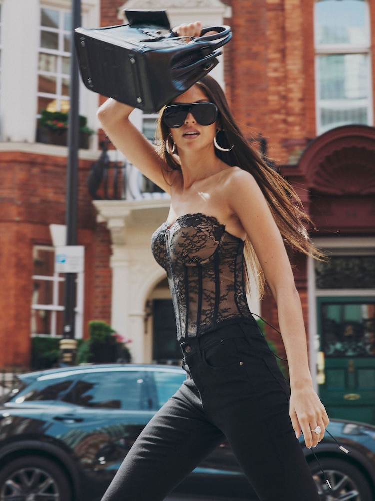 River Island Black Bandeau Lace Corset Top - Image 1 of 4