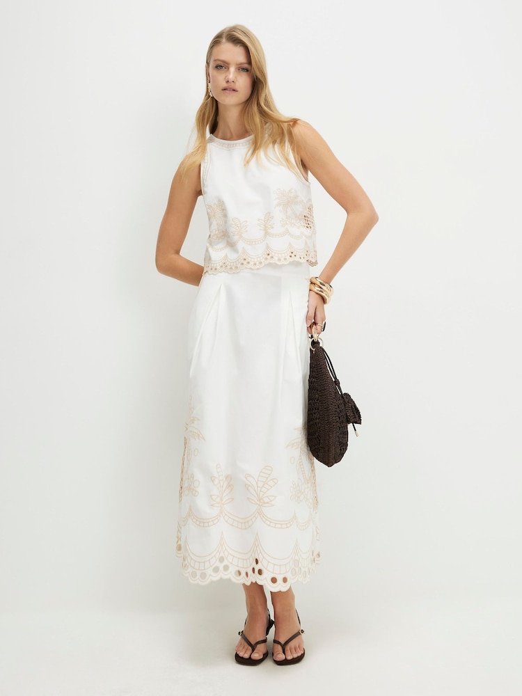 River Island White Cutwork Belted Midi Skirt - Image 1 of 4