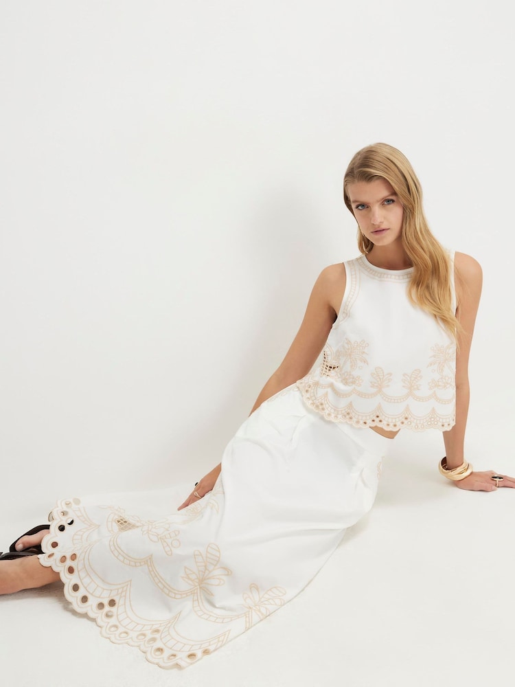 River Island White Cutwork Belted Midi Skirt - Image 2 of 4