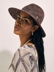 River Island Brown Cut Out Studded Fedora Hat - Image 1 of 3