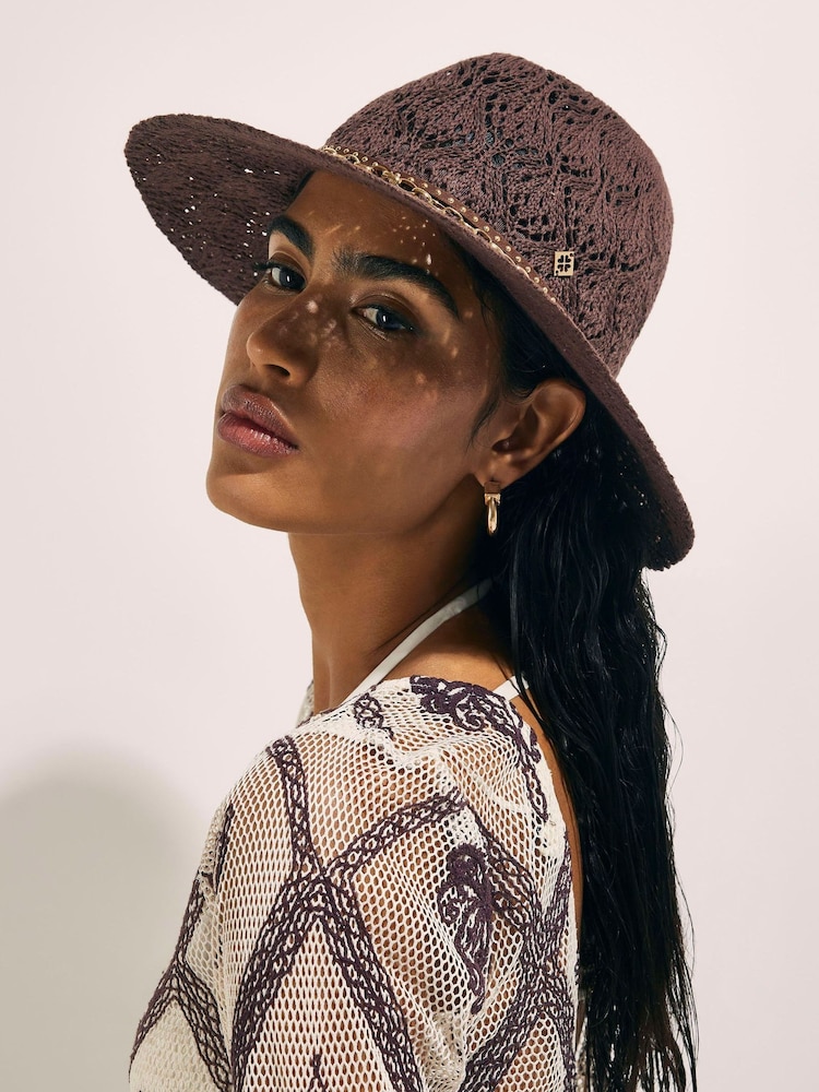 River Island Brown Cut Out Studded Fedora Hat - Image 1 of 3