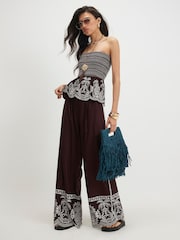 River Island Brown Embroidered Hem Wide Leg Trousers - Image 1 of 4