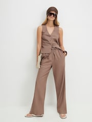 River Island Brown Drawstring Linen Blend Tapered Trousers - Image 1 of 4