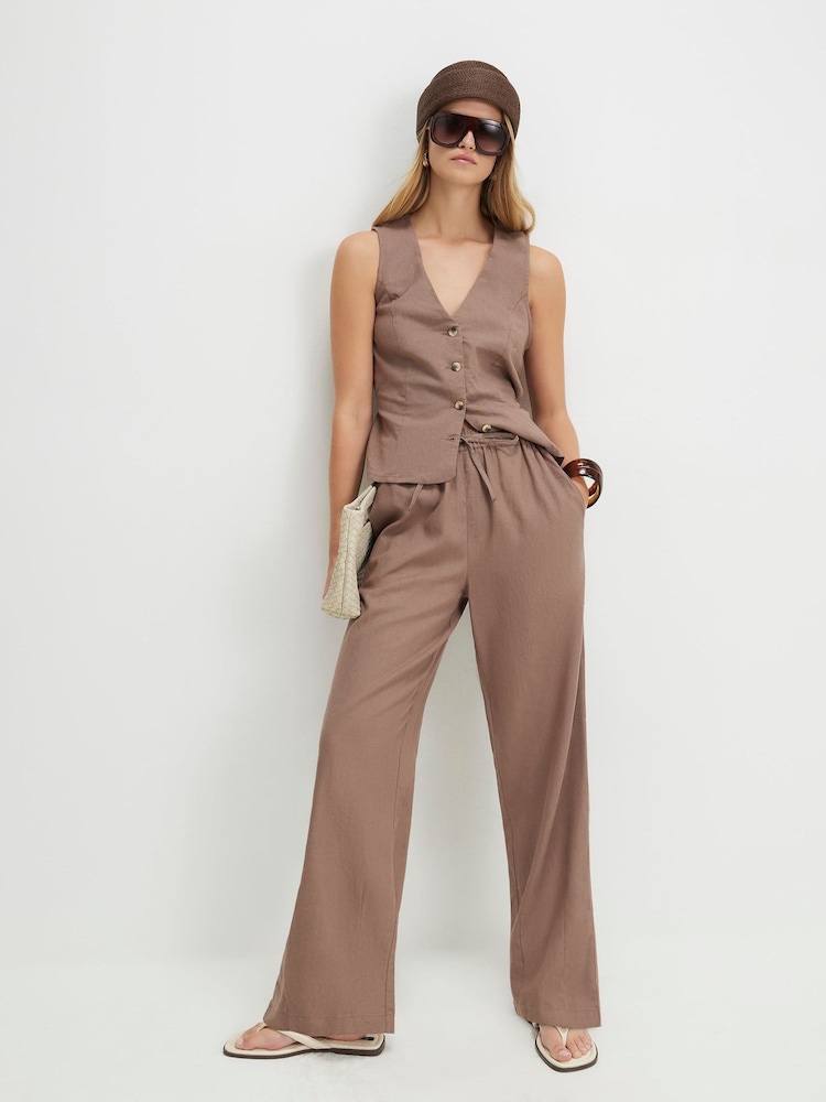 River Island Brown Drawstring Linen Blend Tapered Trousers - Image 1 of 4