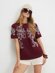 River Island Brown Short Sleeve Cutwork Embroidered T-Shirt - Image 3 of 4