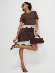 River Island Brown Short Sleeve Lace Satin Ruched Mini Dress - Image 1 of 4