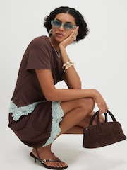 River Island Brown Short Sleeve Lace Satin Ruched Mini Dress - Image 2 of 4