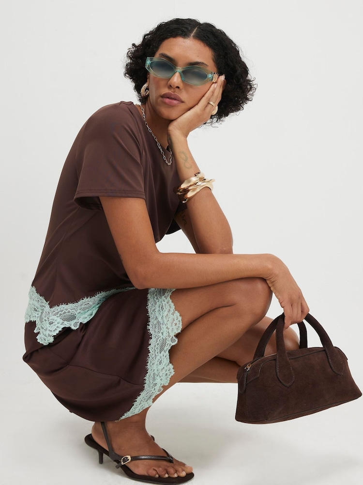 River Island Brown Short Sleeve Lace Satin Ruched Mini Dress - Image 2 of 4