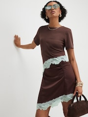 River Island Brown Short Sleeve Lace Satin Ruched Mini Dress - Image 3 of 4