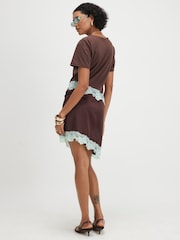 River Island Brown Short Sleeve Lace Satin Ruched Mini Dress - Image 4 of 4