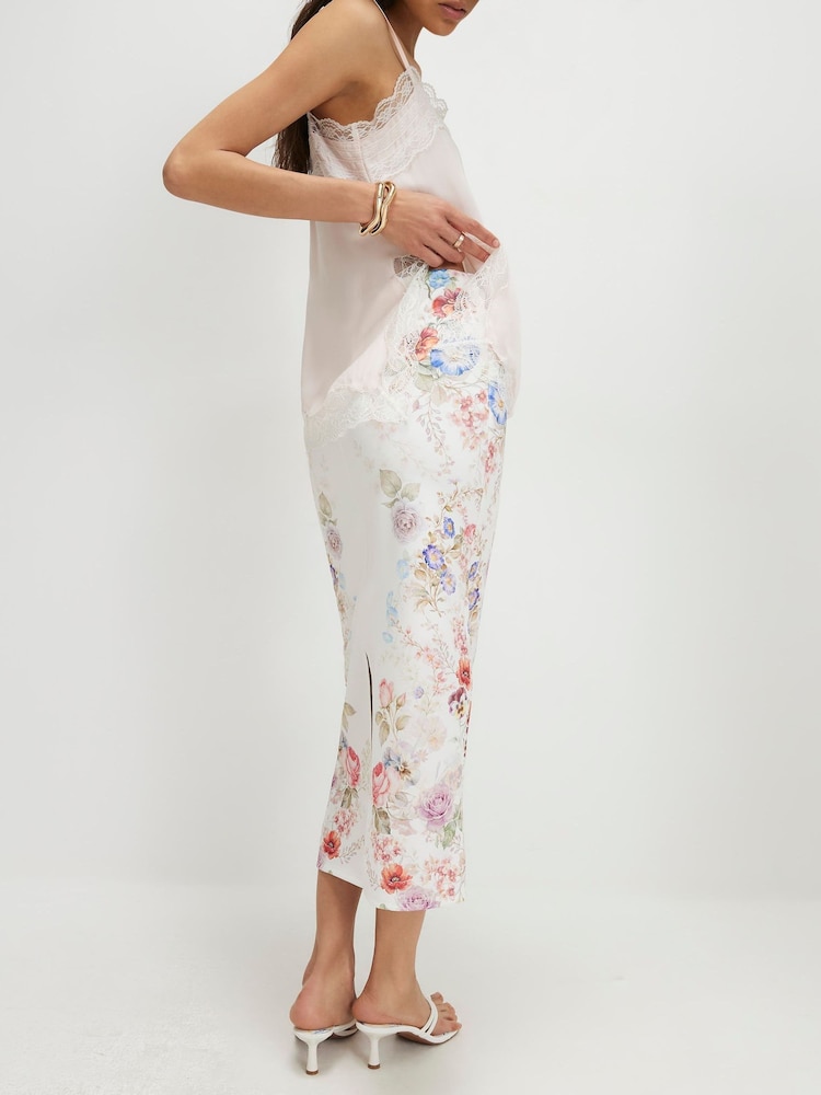 River Island Cream Floral Print Slip Midi Skirt - Image 2 of 4
