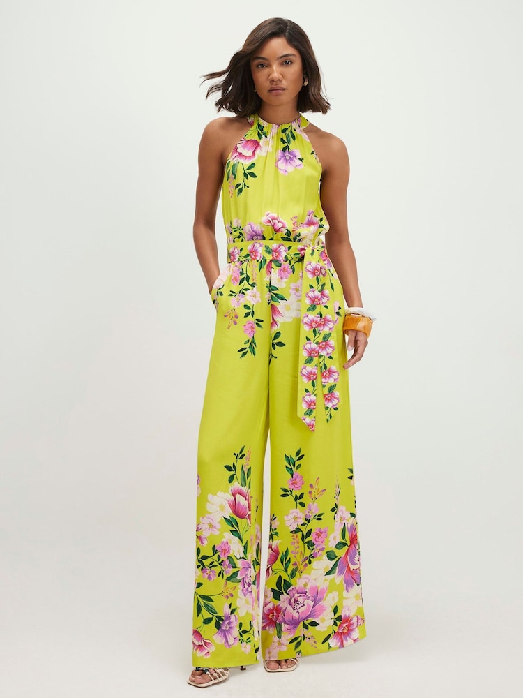 River Island Green Sleeveless Floral Print Halter Neck Jumpsuit - Image 1 of 4
