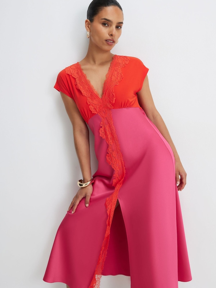 River Island Pink Petite Short Sleeve V-Neck Lace Satin Midi Dress - Image 1 of 4