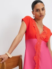 River Island Pink Petite Short Sleeve V-Neck Lace Satin Midi Dress - Image 3 of 4
