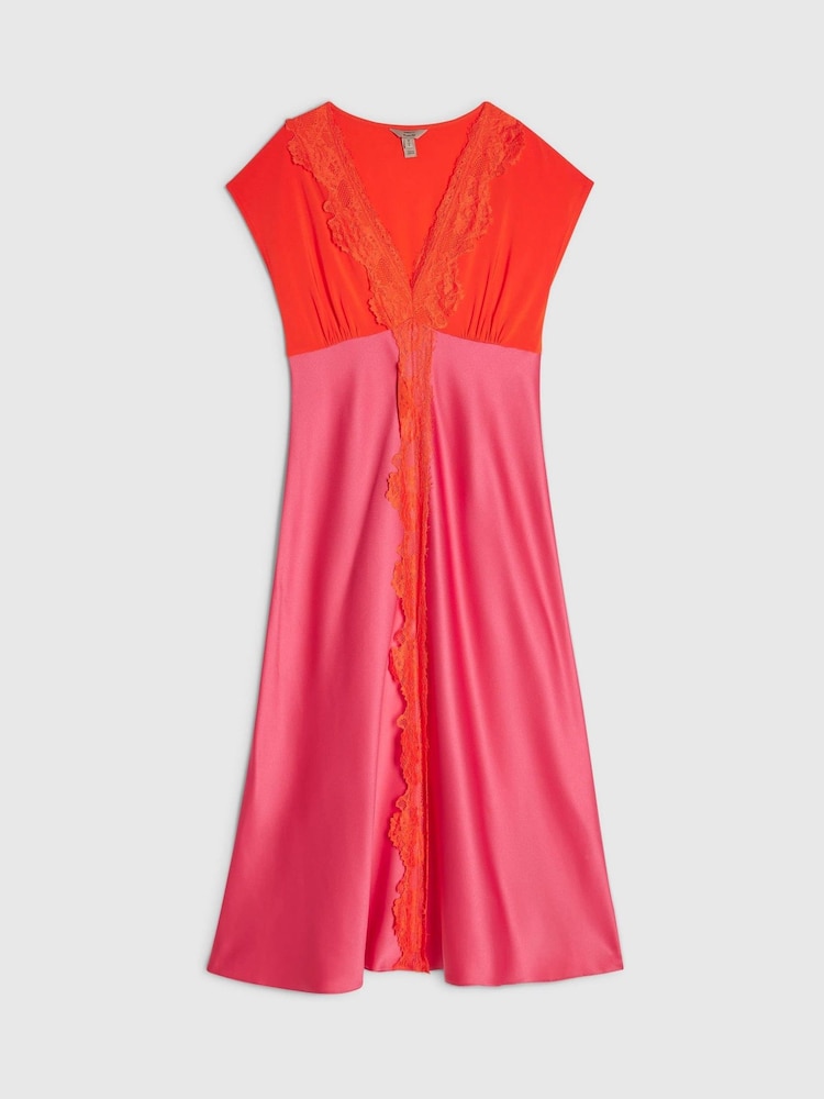 River Island Pink Petite Short Sleeve V-Neck Lace Satin Midi Dress - Image 4 of 4
