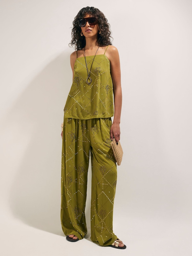 River Island Green Palm Embellished Wide Leg Trousers - Image 1 of 4 River Island Green Palm Embellished Wide Leg Trousers - Image 1 of 4