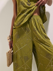 River Island Green Palm Embellished Wide Leg Trousers - Image 3 of 4