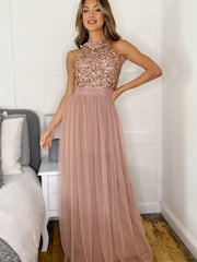 Sistaglam Rose Gold Sequin Halter Neck Maxi Dress with Tie - Image 1 of 4