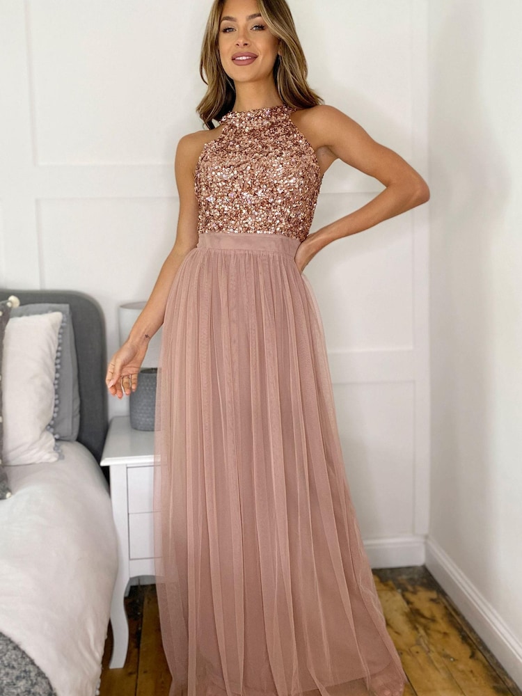Sistaglam Rose Gold Sequin Halter Neck Maxi Dress with Tie - Image 1 of 4