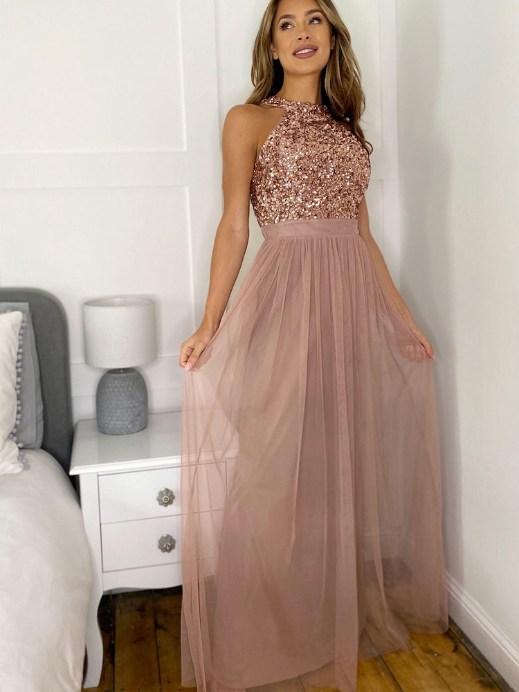 Sistaglam Rose Gold Sequin Halter Neck Maxi Dress with Tie - Image 2 of 4
