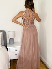 Sistaglam Rose Gold Sequin Halter Neck Maxi Dress with Tie - Image 4 of 4