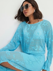River Island Blue Long Sleeve Floral Crochet Top - Image 1 of 4