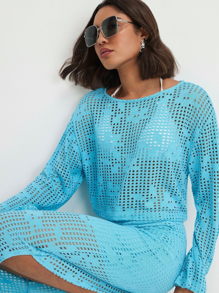 River Island Blue Long Sleeve Floral Crochet Top - Image 1 of 4