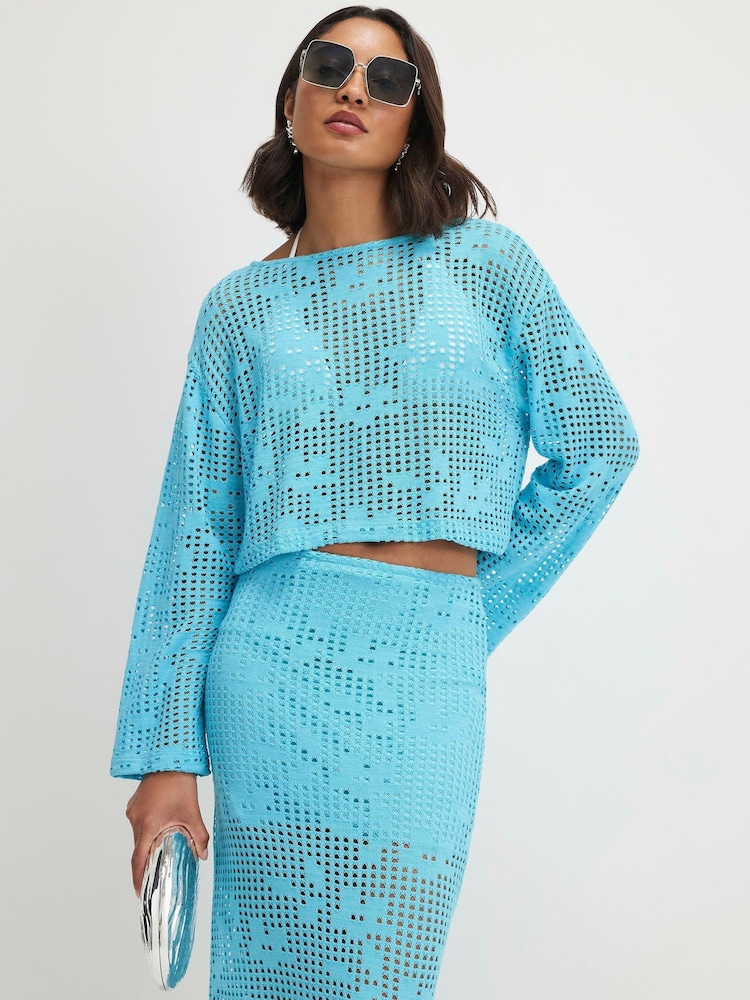 River Island Blue Long Sleeve Floral Crochet Top - Image 2 of 4