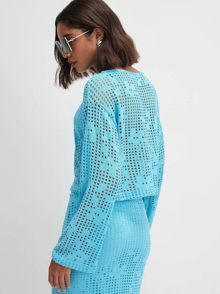 River Island Blue Long Sleeve Floral Crochet Top - Image 4 of 4