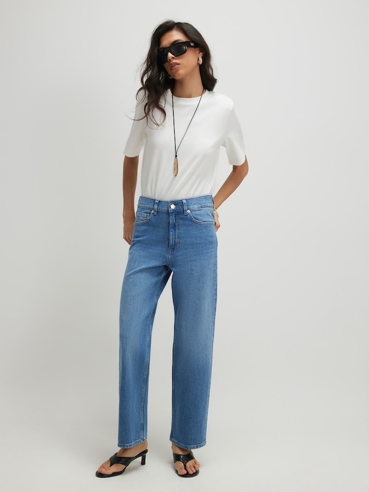 River Island Blue Mid Rise Slim Straight Leg Cropped Jeans - Image 1 of 4 River Island Blue Mid Rise Slim Straight Leg Cropped Jeans - Image 1 of 4