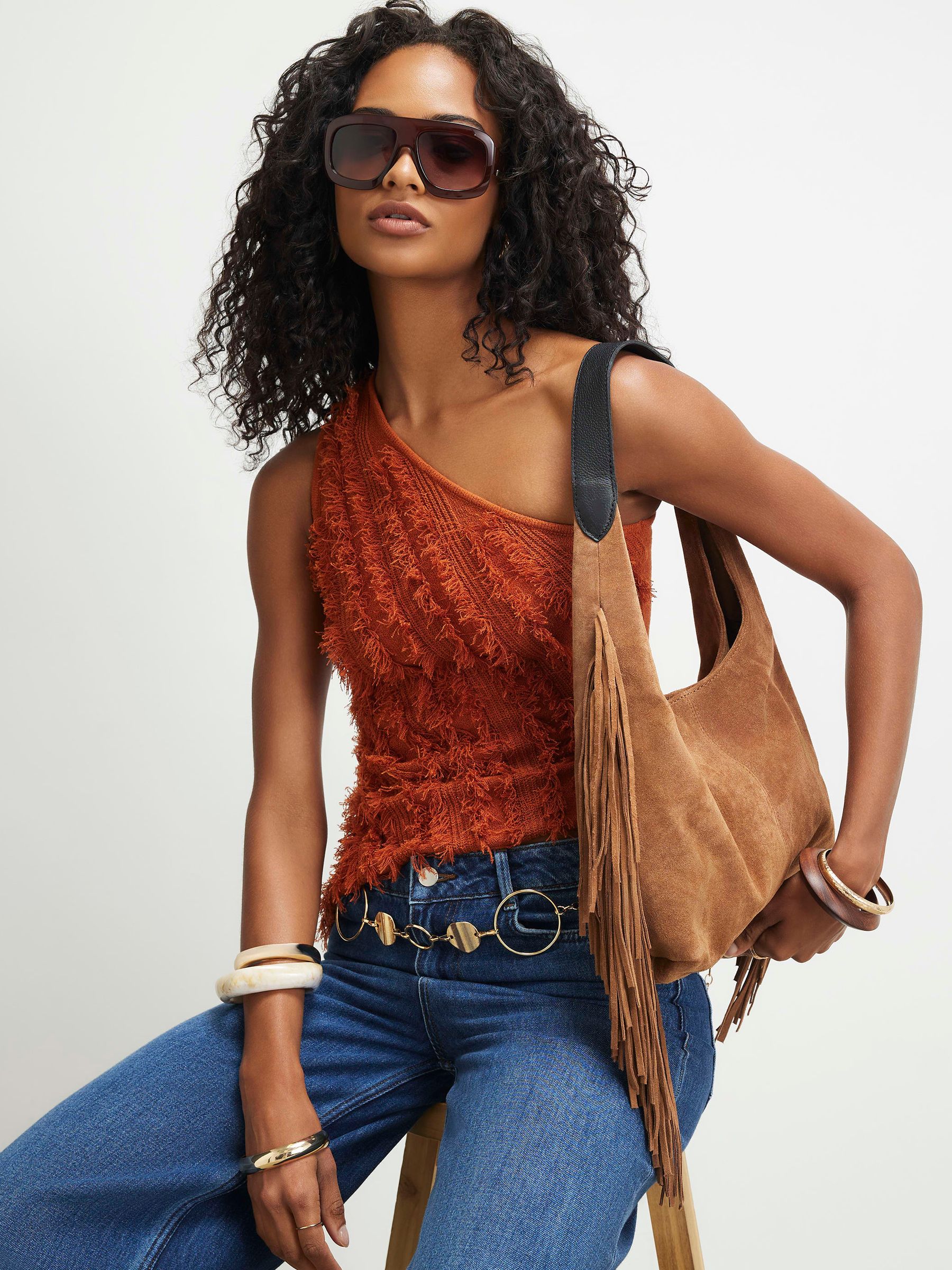 Buy River Island Brown Suede Fringe Slouch Shoulder Bag from Next USA