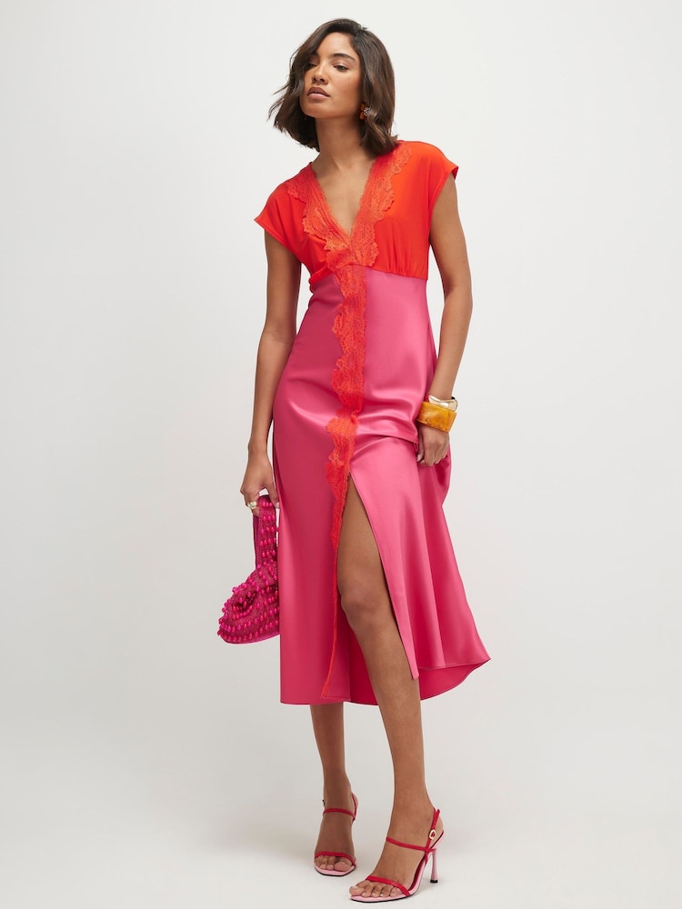River Island Pink Short Sleeve V-Neck Lace Satin Midi Dress - Image 1 of 4 River Island Pink Short Sleeve V-Neck Lace Satin Midi Dress - Image 1 of 4