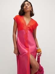 River Island Pink Short Sleeve V-Neck Lace Satin Midi Dress - Image 3 of 4
