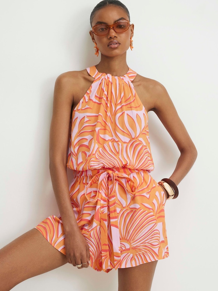 River Island Orange Sleeveless Halter Neck Printed Playsuit - Image 1 of 4 River Island Orange Sleeveless Halter Neck Printed Playsuit - Image 1 of 4