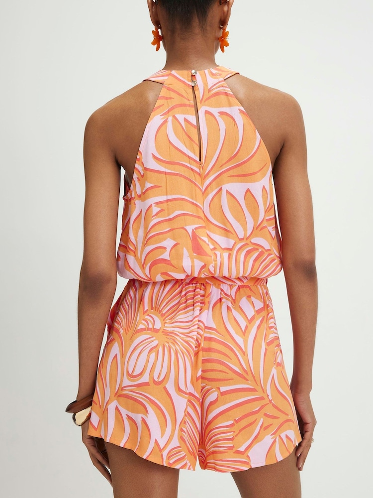 River Island Orange Sleeveless Halter Neck Printed Playsuit - Image 2 of 4 River Island Orange Sleeveless Halter Neck Printed Playsuit - Image 2 of 4