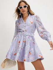 River Island Purple Long Sleeve Floral Print Belted Shirt Mini Dress - Image 1 of 4