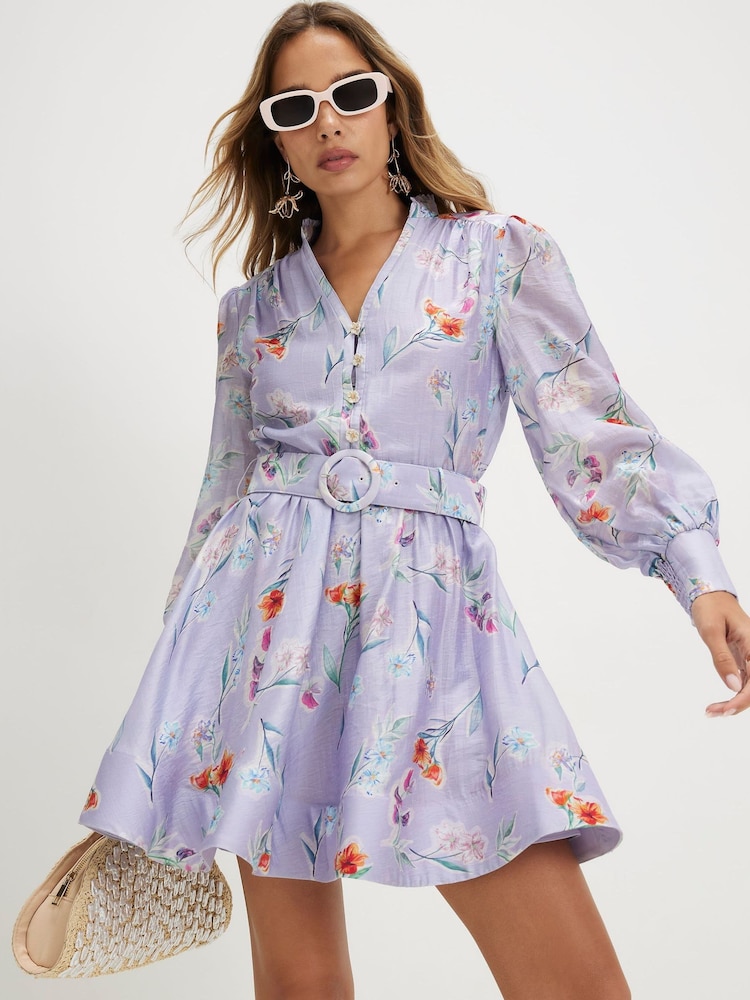 River Island Purple Long Sleeve Floral Print Belted Shirt Mini Dress - Image 1 of 4