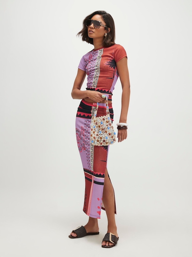 River Island Orange Patchwork Textured Midi Skirt - Image 1 of 3