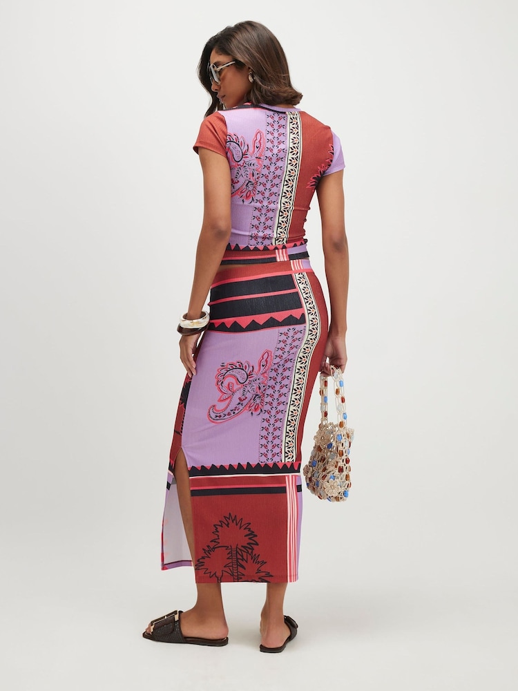 River Island Orange Patchwork Textured Midi Skirt - Image 2 of 3