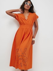 River Island Orange Short Sleeve Poplin Cutwork Midi Dress - Image 1 of 4